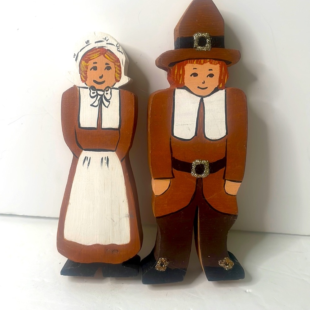 Hand Made Pilgrim Wooden Figurines Boy And Girl 6”